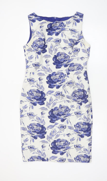 Phase Eight Women’s Blue Floral Sheath Dress Size 16 Sleeveless Knee Length