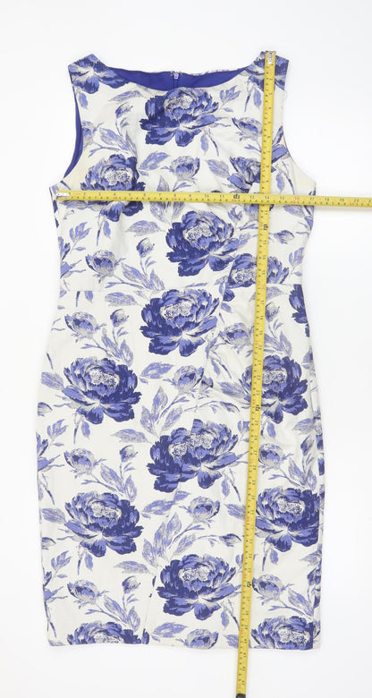 Phase Eight Women’s Blue Floral Sheath Dress Size 16 Sleeveless Knee Length