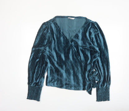 Next Women’s Blue Velvet Wrap Blouse Size 16 Long Sleeve