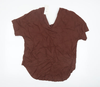 Marks and Spencer Women's Brown Pure Linen V-Neck Short Sleeve Blouse Size 14