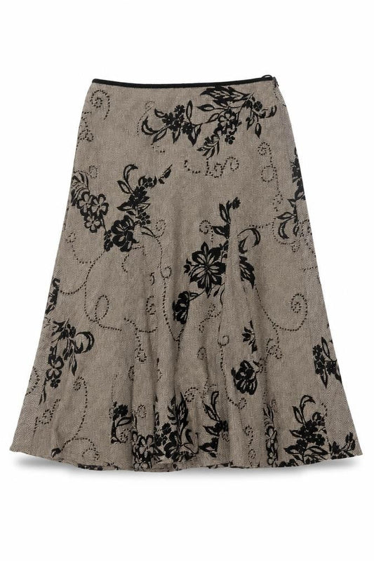 Monsoon Women Beige Floral A-Line Midi Skirt Size 12 Wool Blend