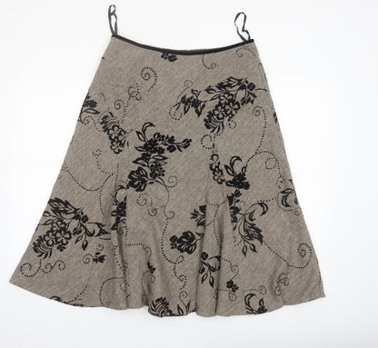 Monsoon Women Beige Floral A-Line Midi Skirt Size 12 Wool Blend