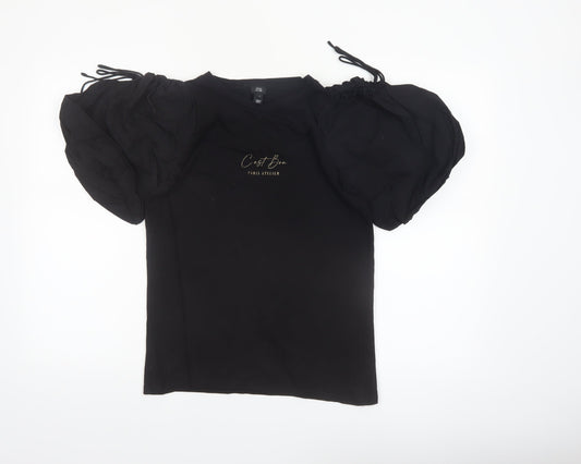 River Island Womens Black Puff Sleeve Cotton T-Shirt Size 8