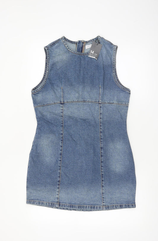 Additional front view of Denim Co Women’s Blue Sleeveless Bodycon Denim Dress, size UK 14