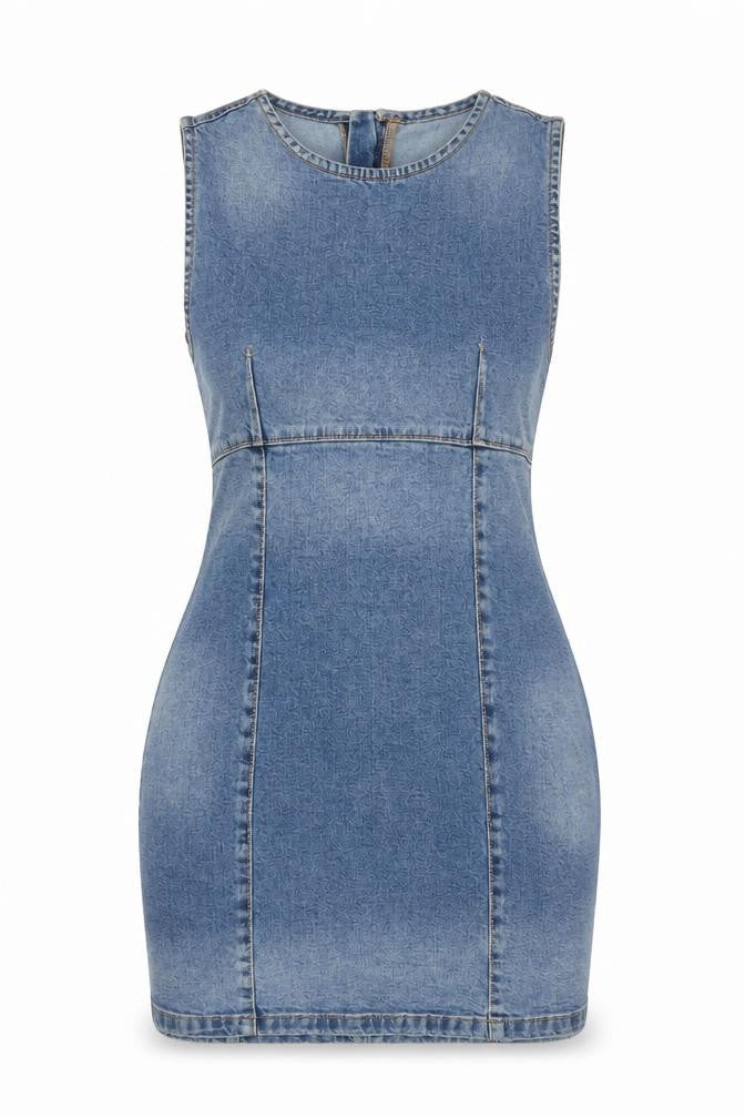 Front view of Denim Co Women’s Blue Sleeveless Bodycon Denim Dress, size UK 14
