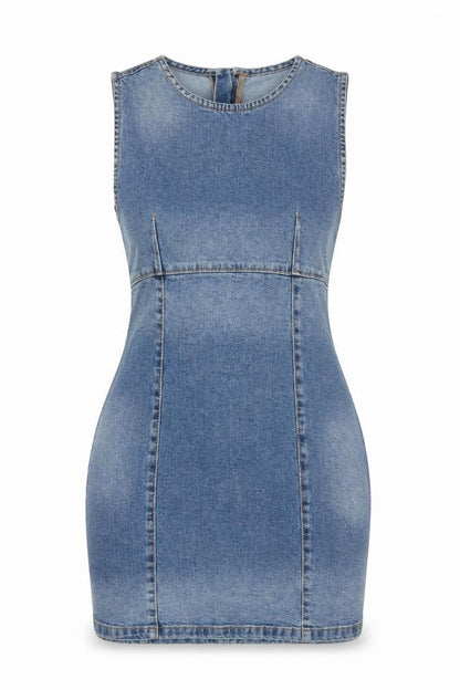 Front view of Denim Co Women’s Blue Sleeveless Bodycon Denim Dress, size UK 14