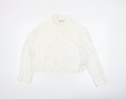 Zara Womens White Cotton Embroidered Cropped Blouse Size S