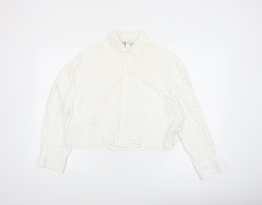 Zara Womens White Cotton Embroidered Cropped Blouse Size S