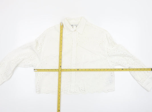 Zara Womens White Cotton Embroidered Cropped Blouse Size S