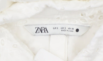 Zara Womens White Cotton Embroidered Cropped Blouse Size S