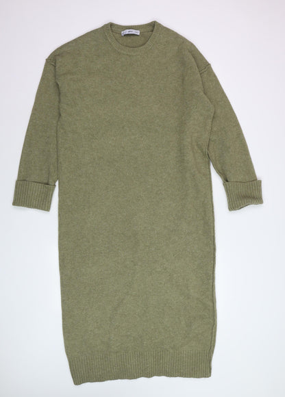 MNG Women’s Green Knit Jumper Dress Size S Long Sleeve Midi