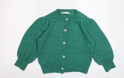 Zara Women Green Cardigan Knit Puff Sleeve Size 8