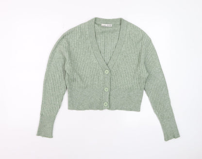 Pull & Bear Women Green Ribbed Button Up V-Neck Cardigan Size S
