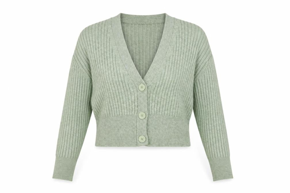 Pull & Bear Women Green Ribbed Button Up V-Neck Cardigan Size S