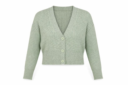 Pull & Bear Women Green Ribbed Button Up V-Neck Cardigan Size S