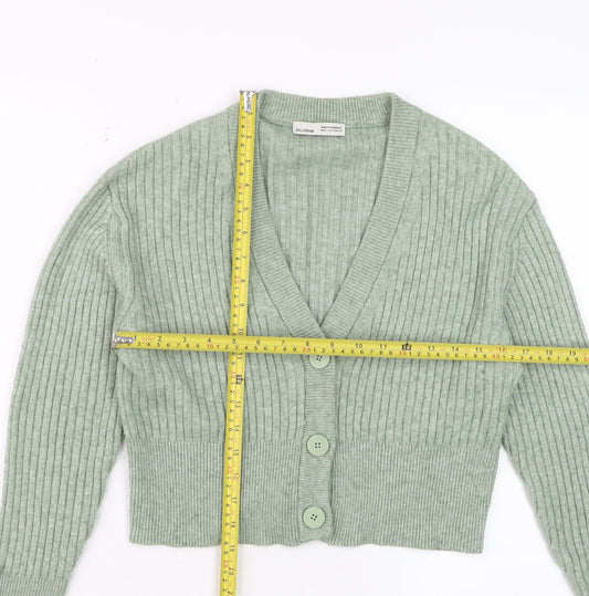Pull & Bear Women Green Ribbed Button Up V-Neck Cardigan Size S