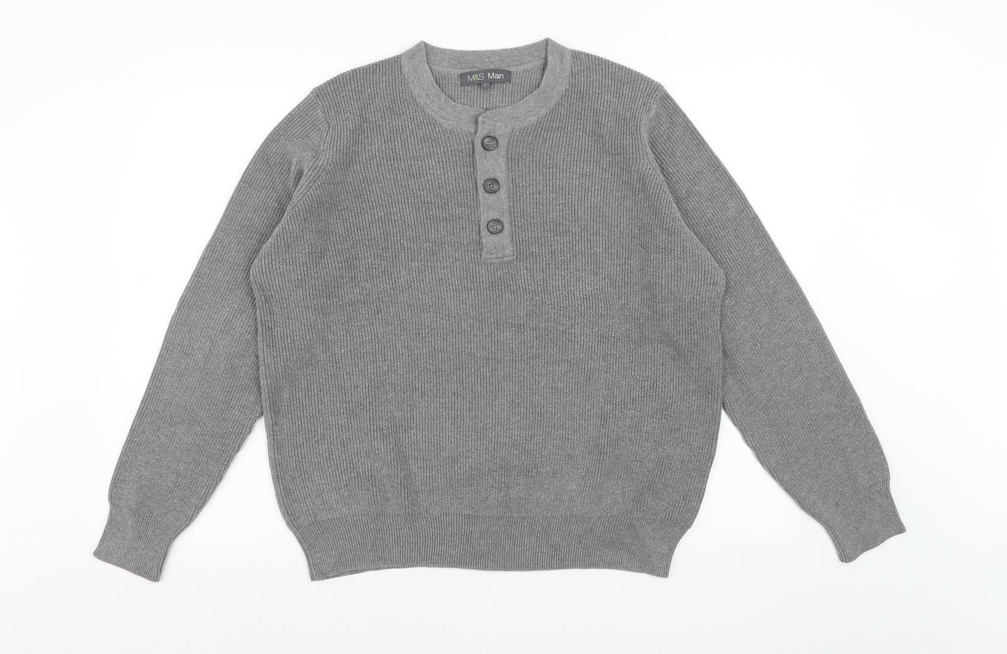 Marks and Spencer Men's Grey Henley Knit Jumper Size L