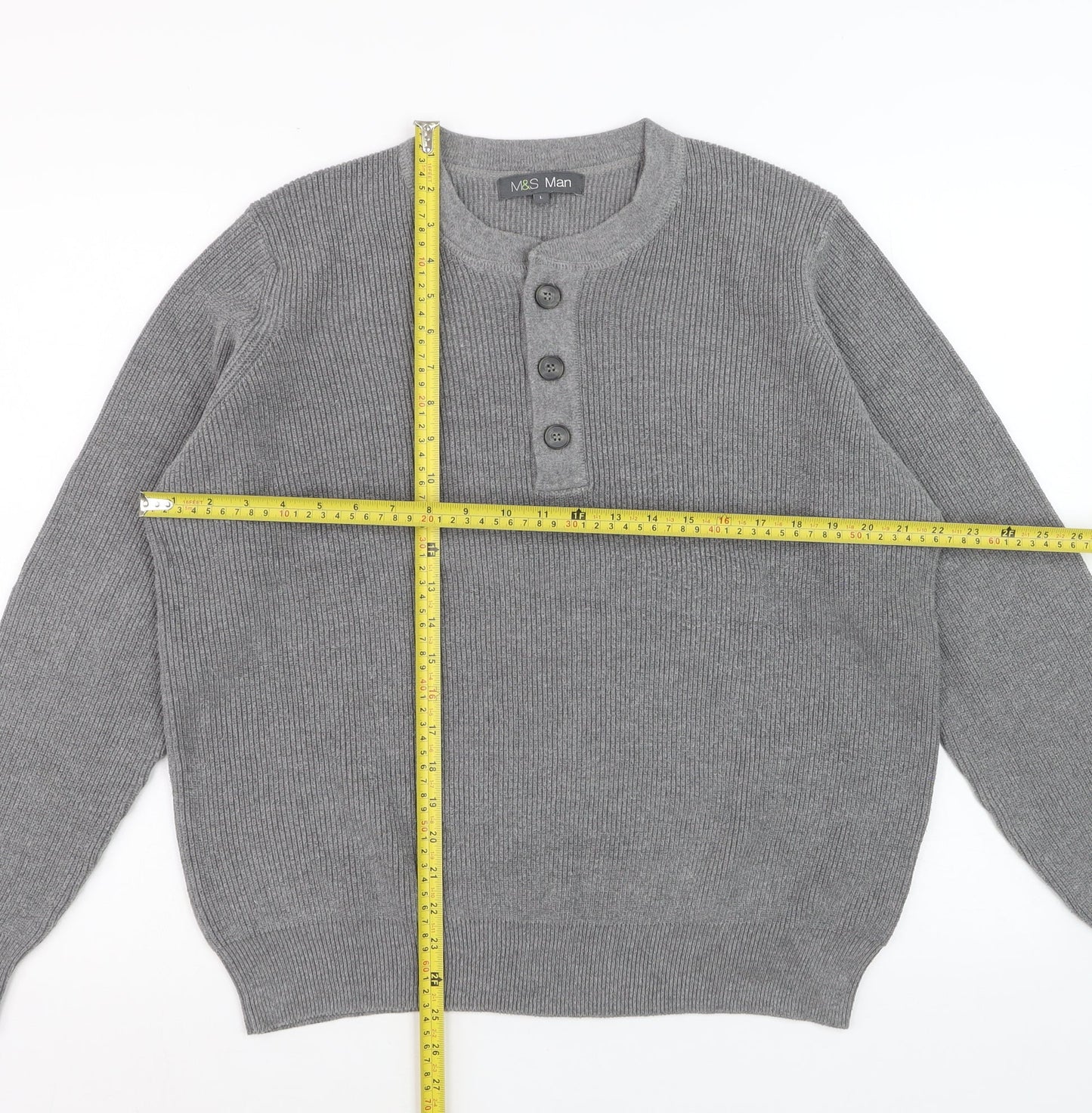 Marks and Spencer Men's Grey Henley Knit Jumper Size L
