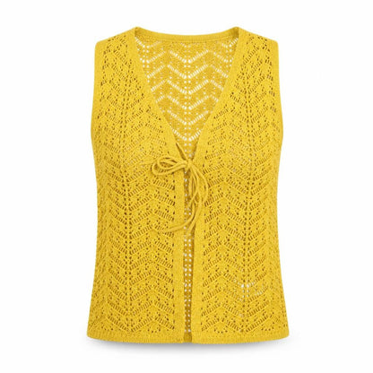 Boohoo Women Yellow Open Knit Sleeveless V-Neck Vest M