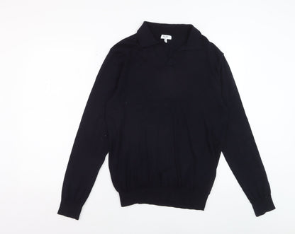 Reiss Mens Black Merino Wool Collared Pullover Jumper L