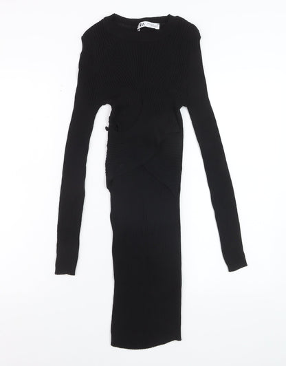 ZARA Women Black XS Bodycon Knit Cut Out Long Sleeve Midi Dress