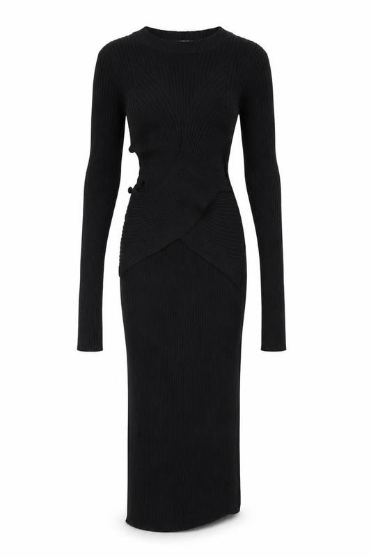 Zara Women Black XS Bodycon Knit Cut Out Long Sleeve Midi Dress