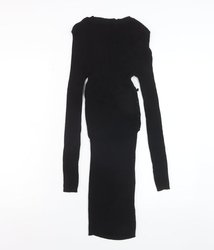 ZARA Women Black XS Bodycon Knit Cut Out Long Sleeve Midi Dress