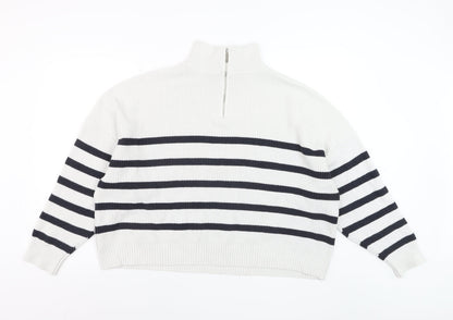 MNG Women’s White Striped Mock Neck 1/2 Zip Knit Jumper Size 14