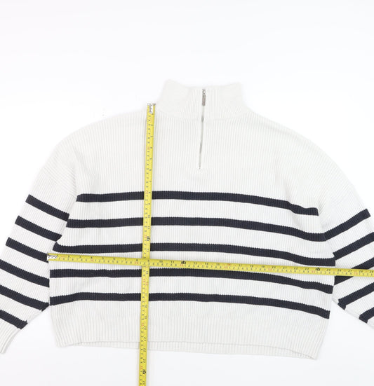 MNG Women’s White Striped Mock Neck 1/2 Zip Knit Jumper Size 14