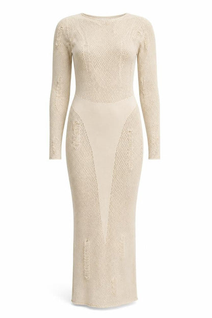 MURCI Women’s Beige Knit Bodycon Midi Dress Size M Long Sleeve V-Neck