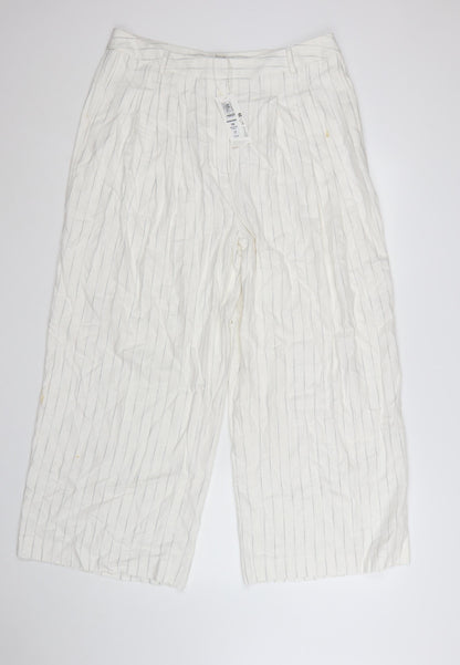 Marks and Spencer Women’s White Striped Wide-Leg Linen Trousers Size 16