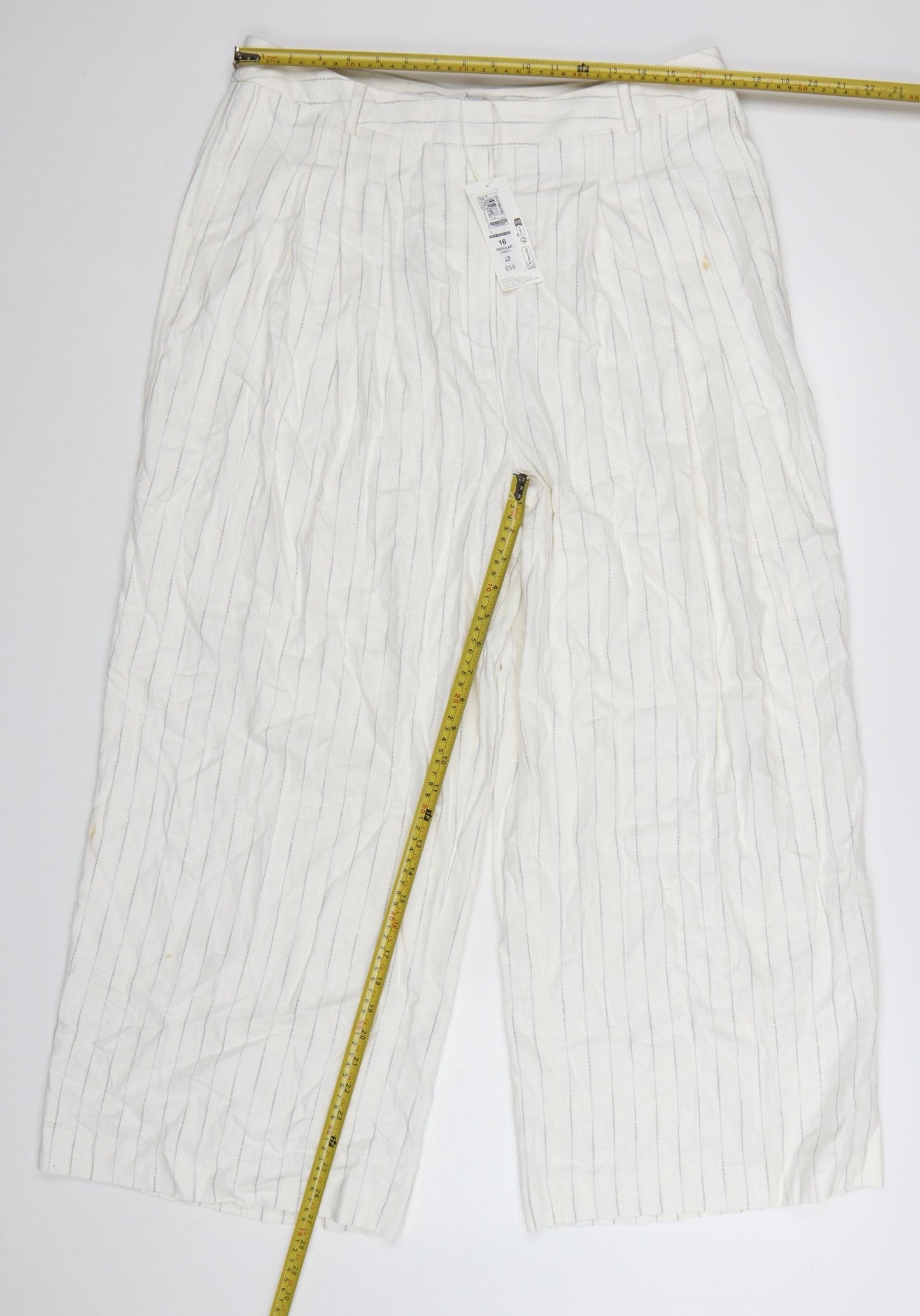 Marks and Spencer Women’s White Striped Wide-Leg Linen Trousers Size 16