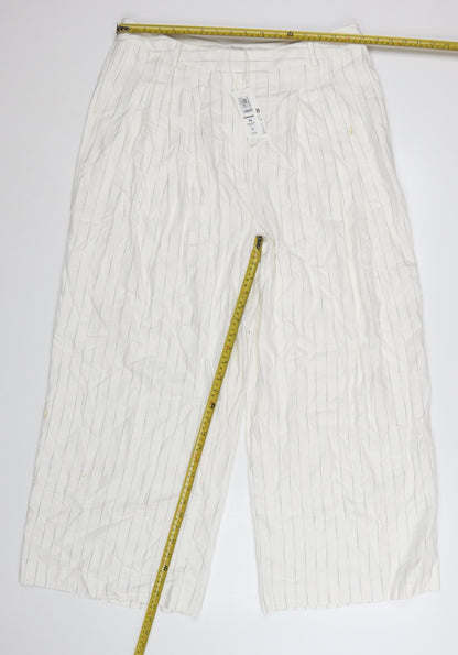Marks and Spencer Women’s White Striped Wide-Leg Linen Trousers Size 16