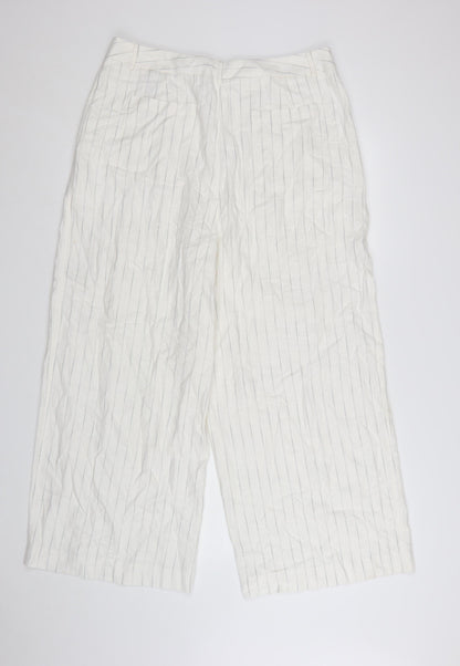 Marks and Spencer Women’s White Striped Wide-Leg Linen Trousers Size 16