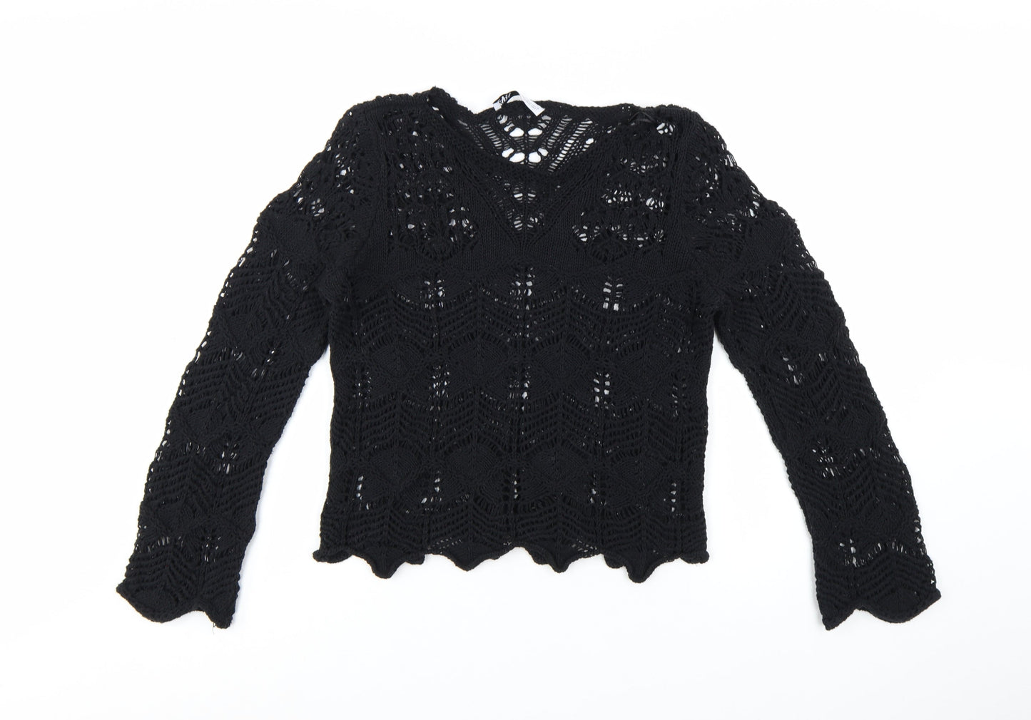 Zara Women Black Crochet Knit Long Sleeve V-Neck Jumper M