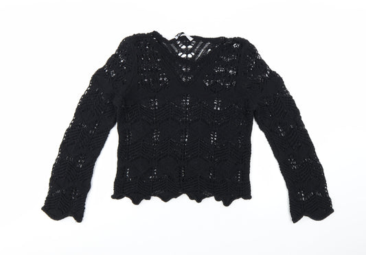 Zara Women Black Crochet Knit Long Sleeve V-Neck Jumper M