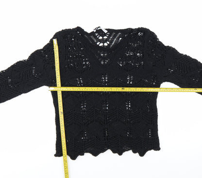 Zara Women Black Crochet Knit Long Sleeve V-Neck Jumper M