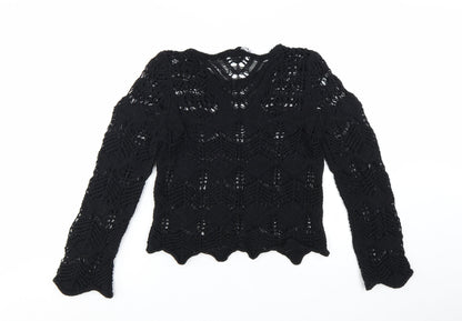 Zara Women Black Crochet Knit Long Sleeve V-Neck Jumper M