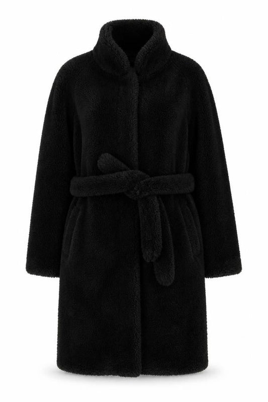 Boohoo Women Black Belted Teddy Overcoat Size 8 Winter Wear