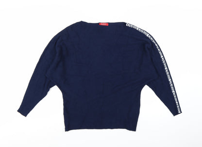 Guess Women's Blue Logo Sleeve Boat Neck Pullover Jumper Size M
