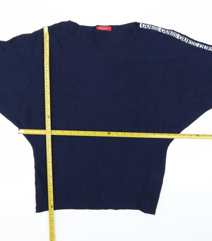 Guess Women's Blue Logo Sleeve Boat Neck Pullover Jumper Size M