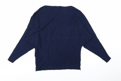 Guess Women's Blue Logo Sleeve Boat Neck Pullover Jumper Size M