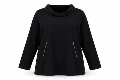 Masai Women Black Cotton Tunic Top XL Long Sleeve Cowl Neck Zip Detail