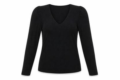 Mango Women Black V-Neck Slim Fit Long Sleeve Basic Top XS