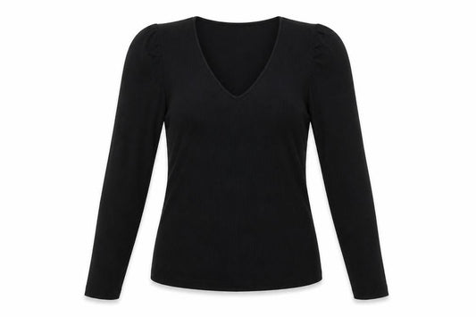 Mango Women Black V-Neck Slim Fit Long Sleeve Basic Top XS