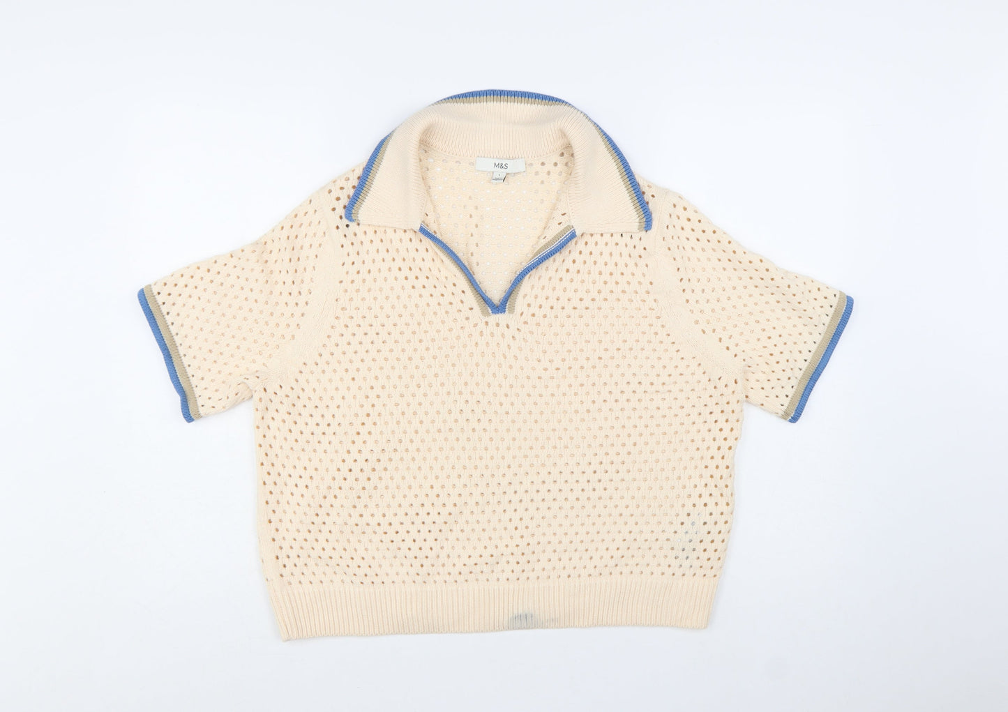 Marks and Spencer Women Beige Open-Knit Collared Short Sleeve Jumper L