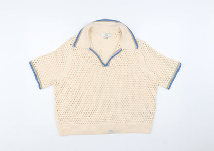 Marks and Spencer Women Beige Open-Knit Collared Short Sleeve Jumper L