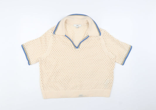 Marks and Spencer Women Beige Open-Knit Collared Short Sleeve Jumper L