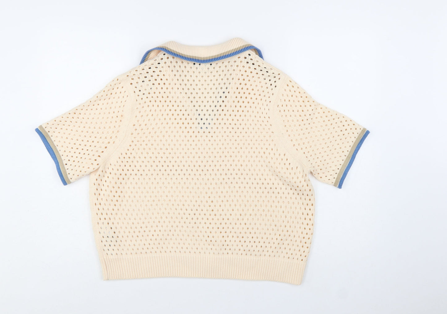 Marks and Spencer Women Beige Open-Knit Collared Short Sleeve Jumper L