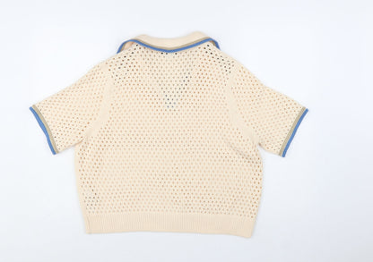 Marks and Spencer Women Beige Open-Knit Collared Short Sleeve Jumper L
